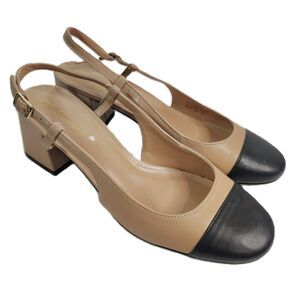 Madden Girl Kitty Slingback Heels 9.5M Beige Black Cap Toe Block Heel